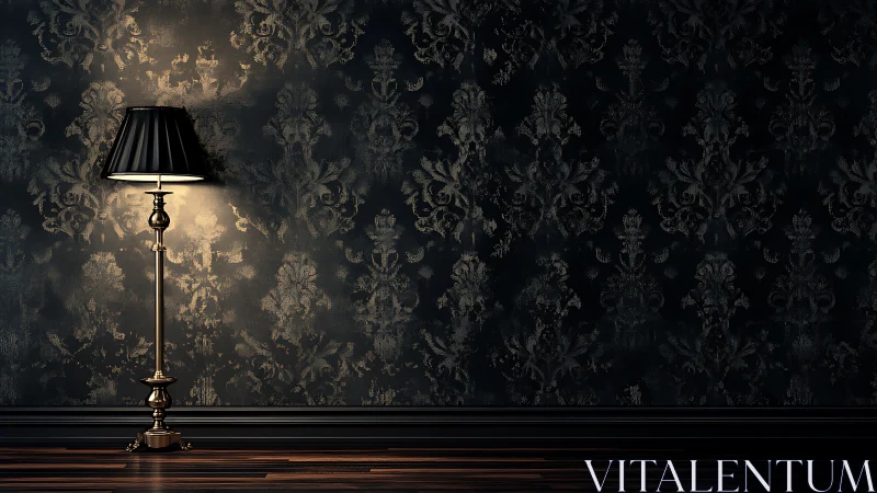 Black floor lamp against dark damask accent wall.