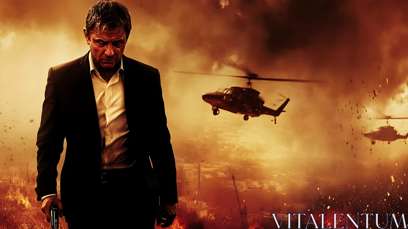 Stormlit agent strides through burning city of falling fire.