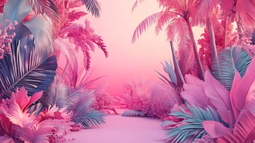 Neon tropical jungle corridor in monochrome pink palette.