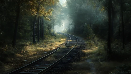Curved railway line penetrates misty forest under directional backlight