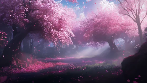 Digital landscape of cherry blossom trees in soft morning light.
