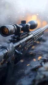 Tactical rifle scope mounted with professional optics in atmospheric bokeh