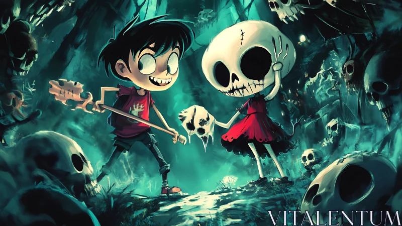 Two quirky kids explore a glowing skull-filled forest at night