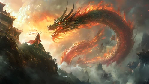 Epic fantasy digital painting of fiery celestial dragon duel.