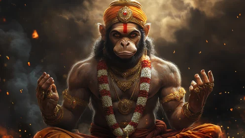 Hyperreal divine simian warrior in meditative seated pose