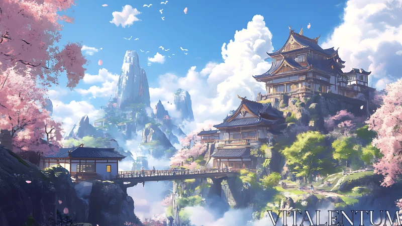 Layered mountain temples under cherry blossoms and volumetric clouds
