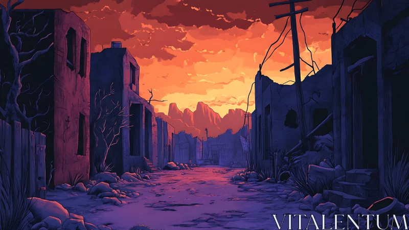 Digital illustration shows derelict street at orange sunset