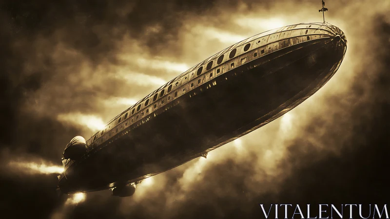Sepia skies cradle a retrofuturist zeppelin in smoky light