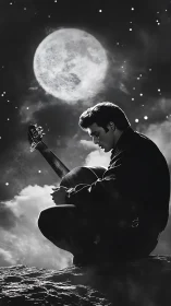 Moody guitarist silhouette under full moon night sky.