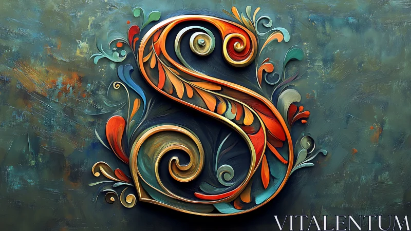 Ornate letter S in bold warm colors on textured backdrop.
