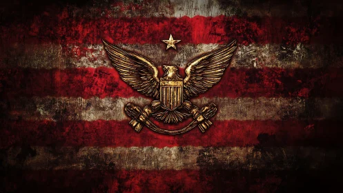 Metallic eagle crest over distressed red battle stripes.
