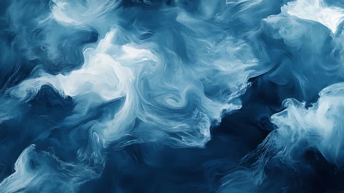 Abstract fluid dynamics study in blue and white digital painting