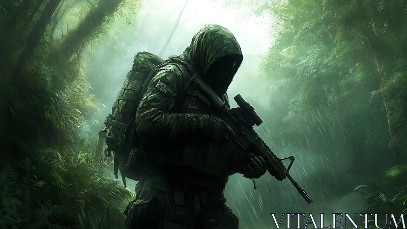 Camouflaged soldier with rifle moving through dense jungle.