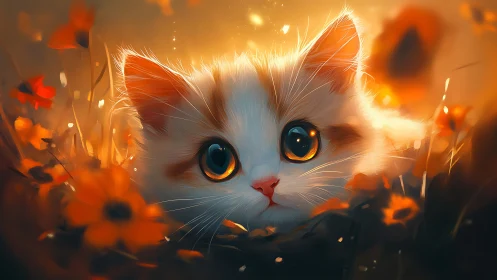 Luminescent White Cat with Golden Eyes Among Glowing Flowers