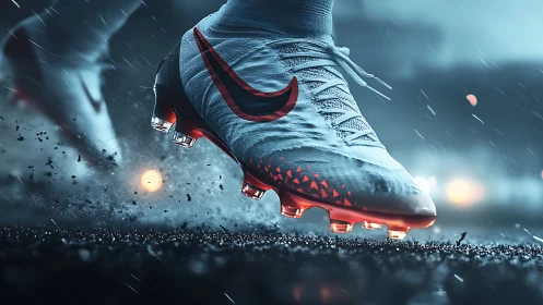 High-speed football boot macro in dynamic rain-soaked motion.