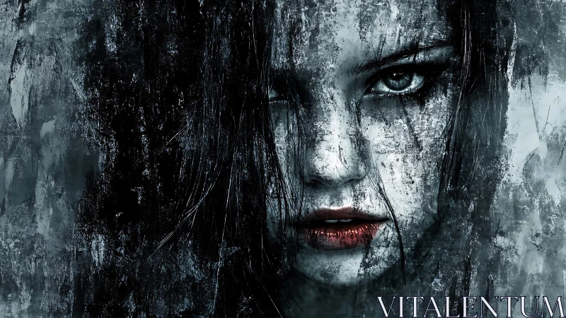 Gritty close-up of intense woman&rsquo;s face in dark tones.