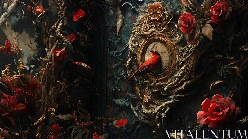 Scarlet bird rests on ornate frame amid dark roses.