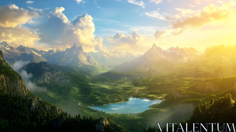 Sunlit mountain valley embracing a calm turquoise lake.