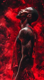 Side profile of basketball player in red abstract backdrop.