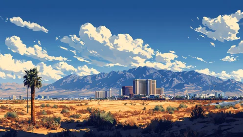 Desert city skyline under towering blue mountains panorama.