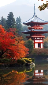 Crimson maple whispers around a lakeside Japanese pagoda.