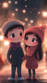Two animated children in winter clothing standing together.