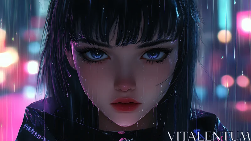 Digital portrait depicts girl in rain with neon city lights