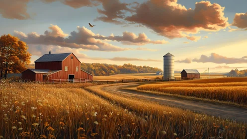 Golden hour farm landscape with red barn and silo scene.