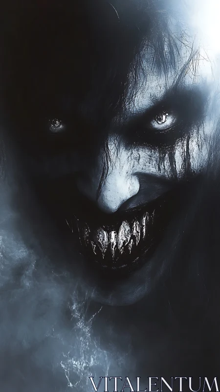 Close-up of monstrous face with sharp teeth in dark mist.