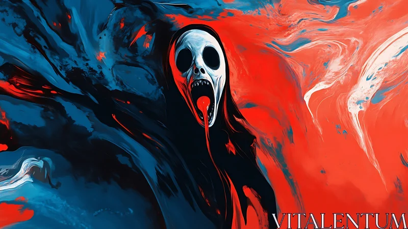 Screaming skull figure against swirling red and blue field.