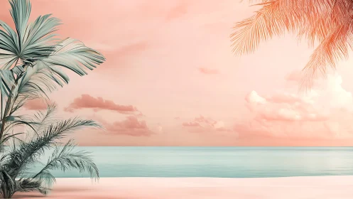 Coastal horizon with tropical foliage and pink sky.