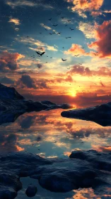 Sunset sky with flying birds mirrored in rocky water pools