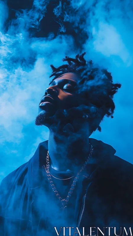 Portrait in cyan backlight sculpts silhouette through vapor haze