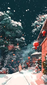 Anime winter street scene with lantern-lit architectural framing.