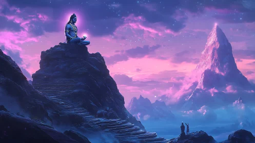 Meditating deity on mountain peak under twilight sky.