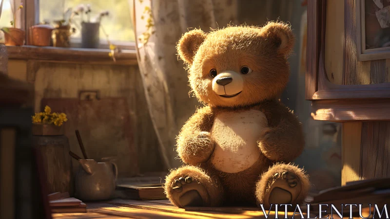 Teddy bear sits on wooden desk in warm afternoon light