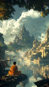 Quiet monk by shimmering river facing dreamlike golden city.