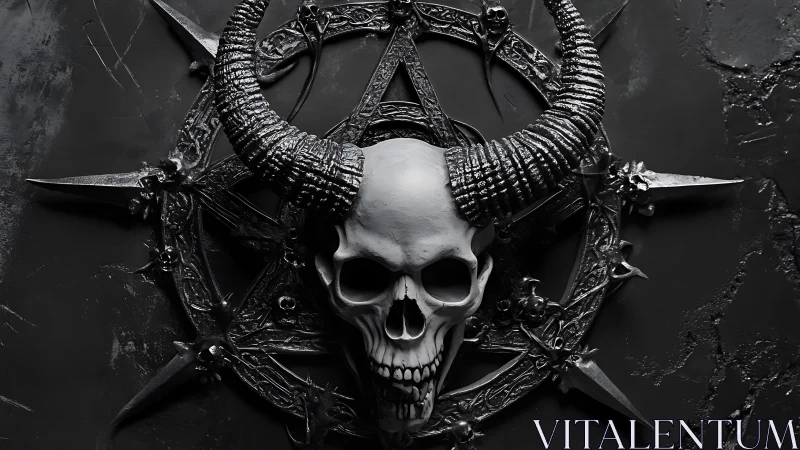 Horned skull emblem on dark gothic pentagram symbol