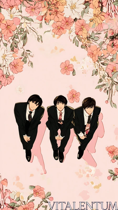 Softly suited trio beneath a drifting garden of blossoms.
