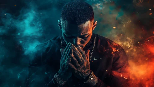 Contemplative man stands in dramatic blue and orange smoke