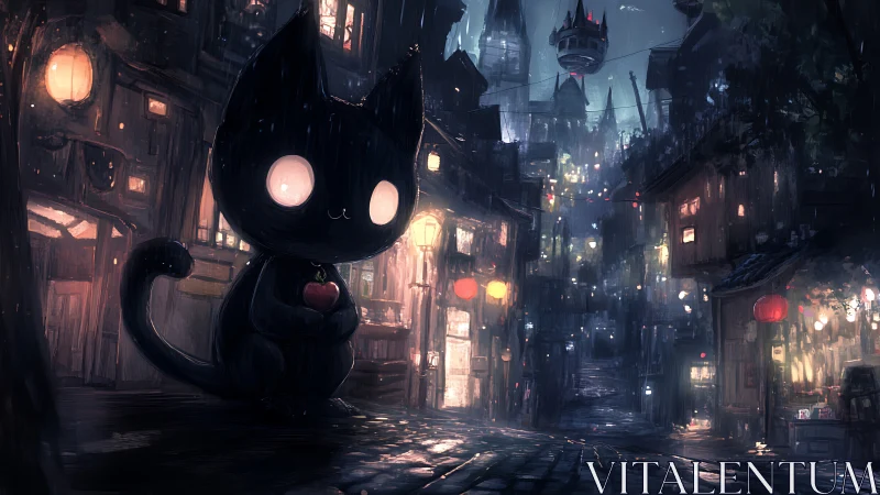 Midnight cat spirit guarding a neon rainy alleyway.