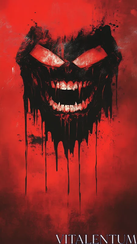 Dripping demonic face forms from black paint over red field