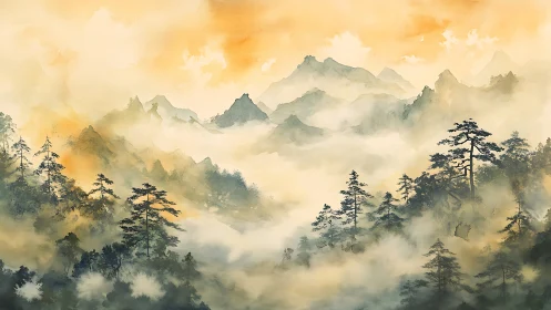 Golden mist over tranquil mountain pines at gentle sunrise.