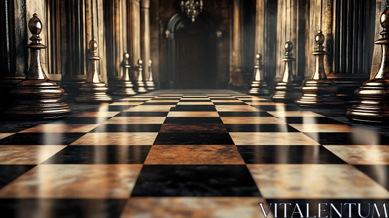 Regal chess corridor stretches into a dim, strategic haze