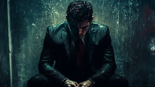 Man in the rain finds quiet strength in a stormy night.