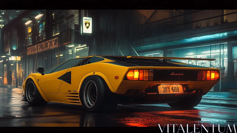 Yellow wedge-shaped sports car is parked on a wet city street