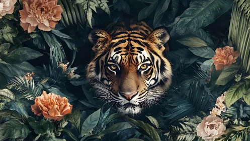 Tiger head framed by dense tropical foliage and flowers.