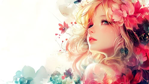 Blossom crowned dreamer rising from a watercolor sunrise.