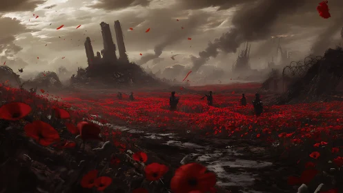 War-torn poppy field cuts through smoking industrial ruins.