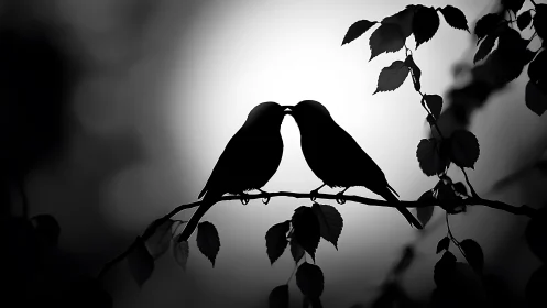 Two birds perched on branch with leaves against diffused light.